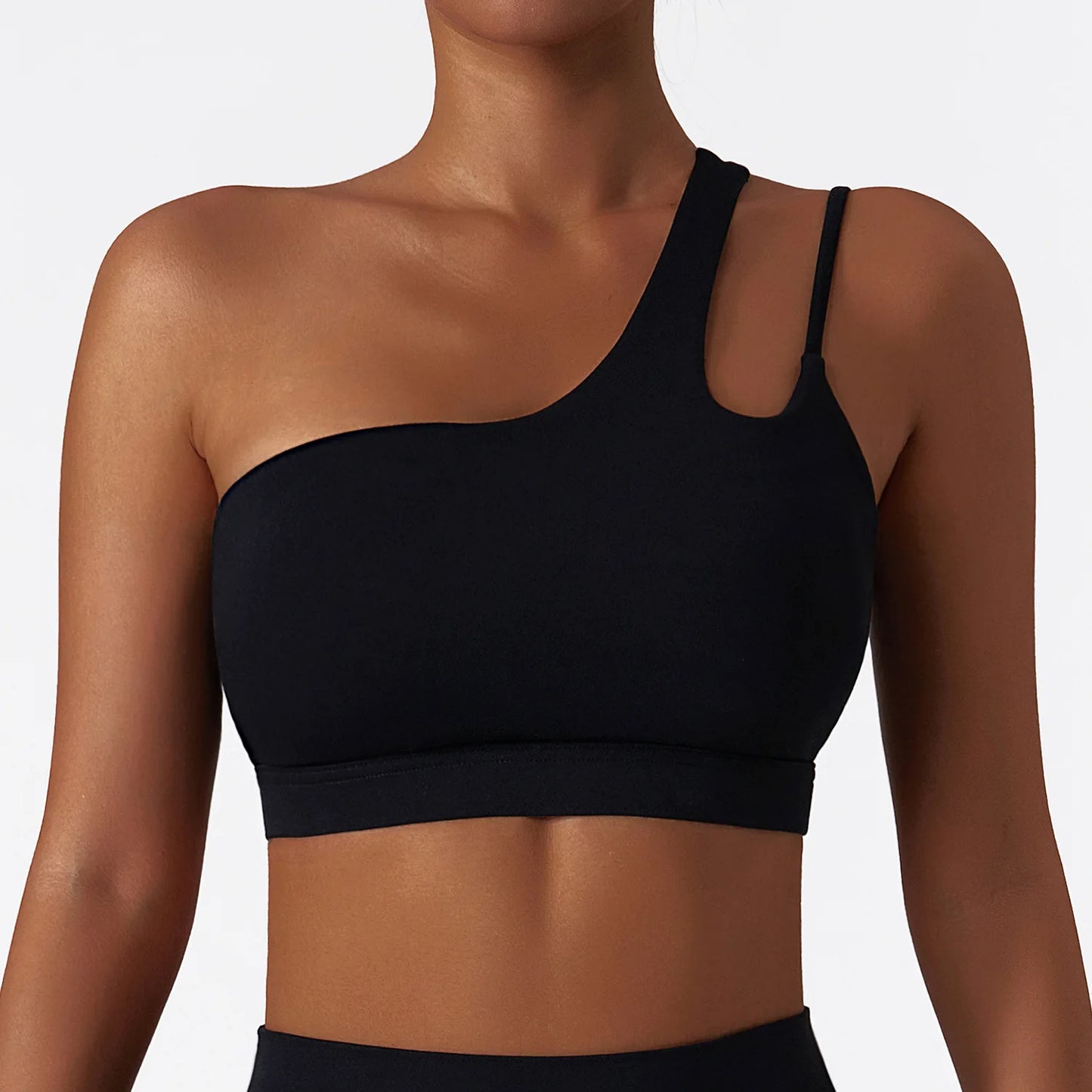 Women's Oblique Shoulder Shockproof Yoga Bra – Beautiful Back Gym Sports Top with Irregular Straps for Running & Fitness"