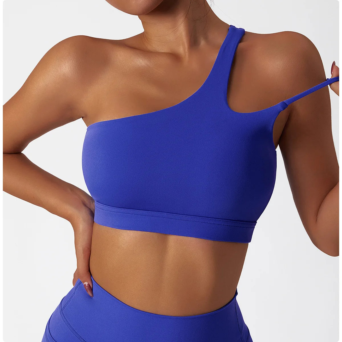 Women's Oblique Shoulder Shockproof Yoga Bra – Beautiful Back Gym Sports Top with Irregular Straps for Running & Fitness"