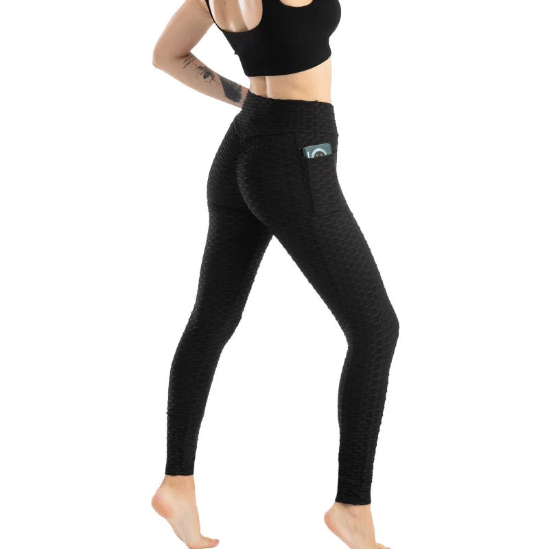 Women Fashion Pocket Bubble Pants Stretchy Slim Leggings Gym Running Cycling Fitness Pants High Waist Hip Lift Leggings Female