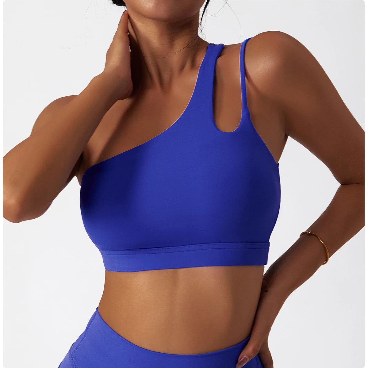 Women's Oblique Shoulder Shockproof Yoga Bra – Beautiful Back Gym Sports Top with Irregular Straps for Running & Fitness"