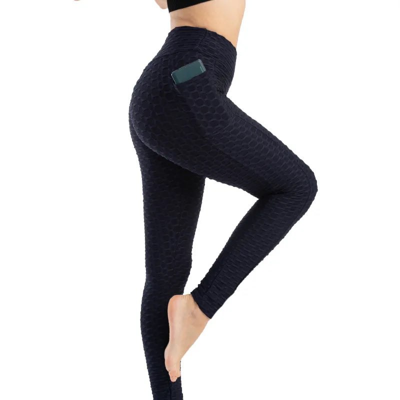 Women Fashion Pocket Bubble Pants Stretchy Slim Leggings Gym Running Cycling Fitness Pants High Waist Hip Lift Leggings Female