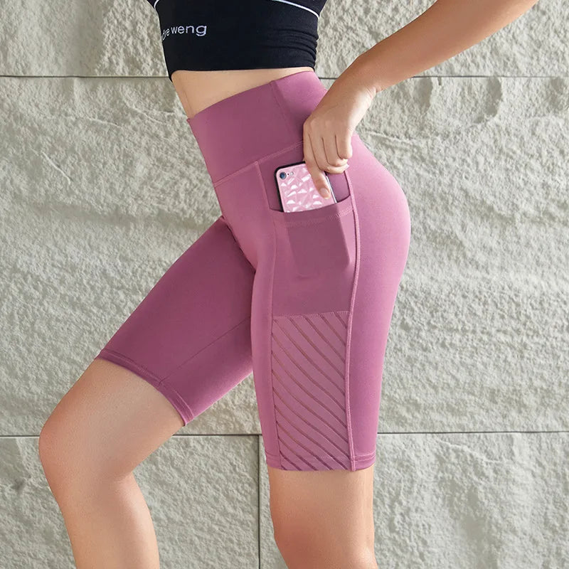 Women's High-Waist Gym Running Shorts with Pocket | Yoga Fitness Push-Up Leggings