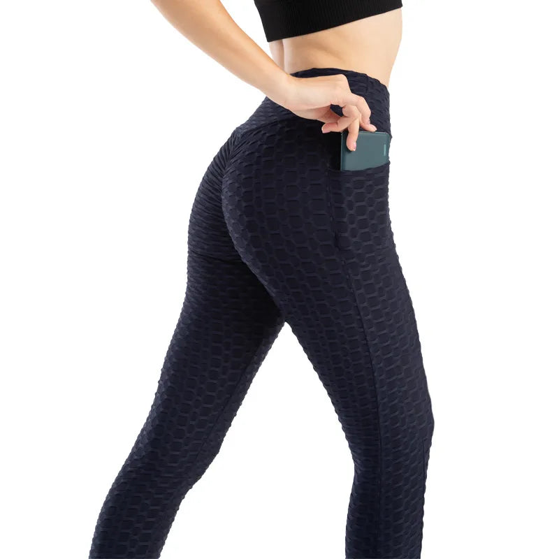 Women Fashion Pocket Bubble Pants Stretchy Slim Leggings Gym Running Cycling Fitness Pants High Waist Hip Lift Leggings Female