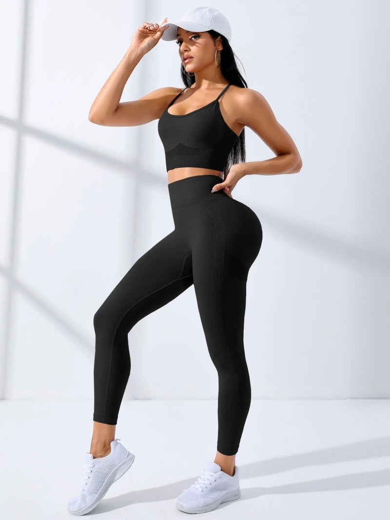 Women’s 2-Piece Yoga Set – Seamless Workout Outfit with High-Waisted Leggings & Thin-Strap Sports Bra, Stretch Yoga Sportswear Tracksuit for Fitness