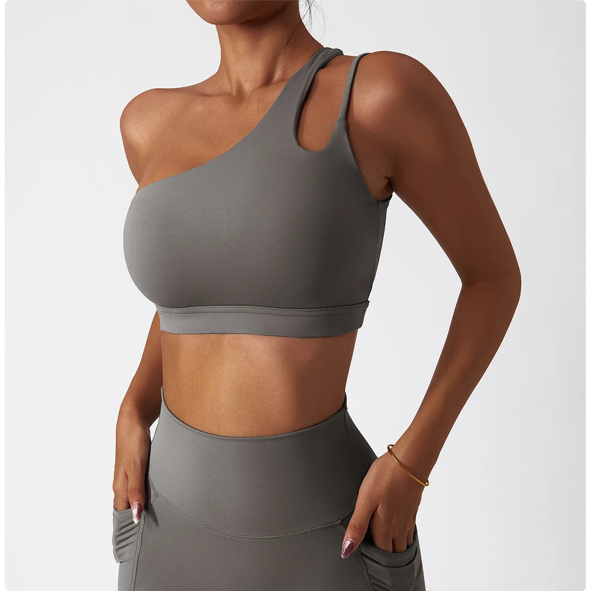 Women's Oblique Shoulder Shockproof Yoga Bra – Beautiful Back Gym Sports Top with Irregular Straps for Running & Fitness"