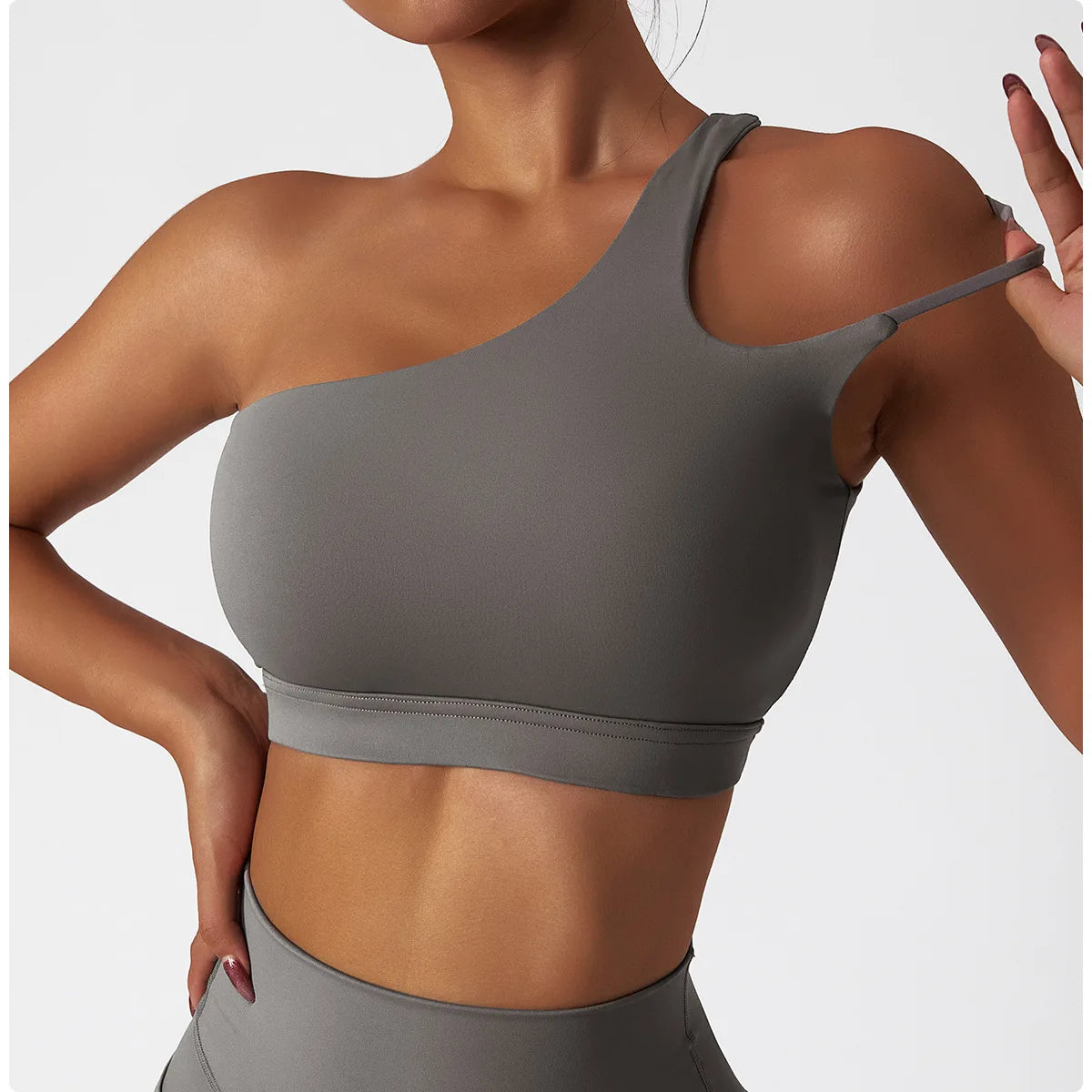 Women's Oblique Shoulder Shockproof Yoga Bra – Beautiful Back Gym Sports Top with Irregular Straps for Running & Fitness"