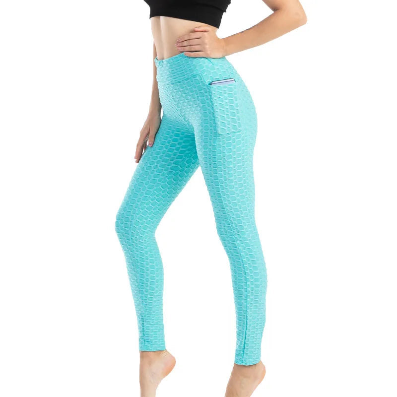 Women Fashion Pocket Bubble Pants Stretchy Slim Leggings Gym Running Cycling Fitness Pants High Waist Hip Lift Leggings Female