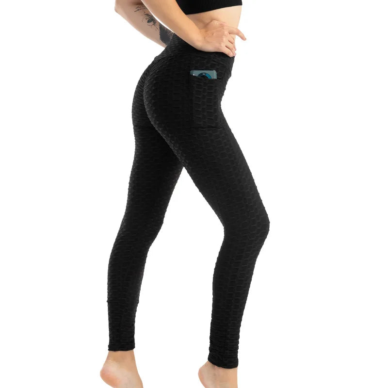 Women Fashion Pocket Bubble Pants Stretchy Slim Leggings Gym Running Cycling Fitness Pants High Waist Hip Lift Leggings Female